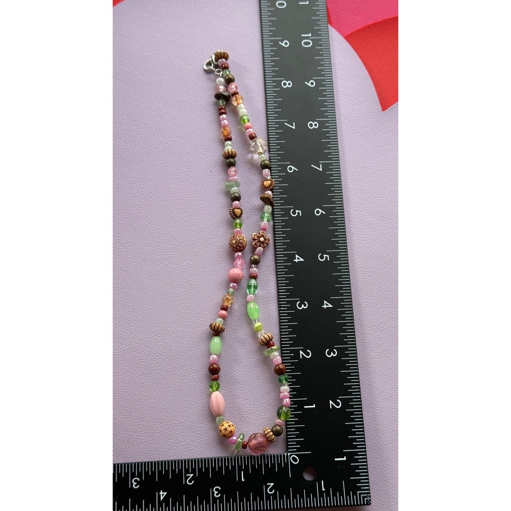 Y2K Multicolor Mixed Bead Necklace Pink Green Brown Floral Star Heart Boho 18 In - Picture 3 of 10
